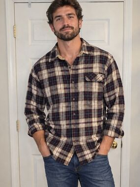 Legendary Whitetails Mens Navy Cream & Brown Plaid Button-front Shirt XL Flannel